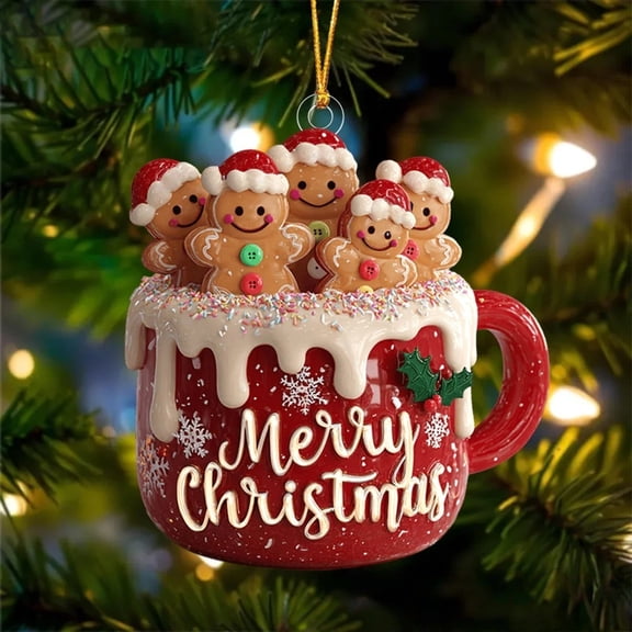 Opvise Christmas Acrylic Pendant Ceramic Mug Gingerbread Ornament 10cm Holiday Hanging Decoration Single Two Three Pack