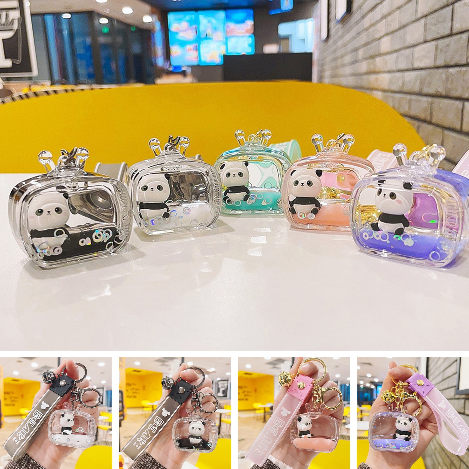 Opvise Clear Acrylic Quicksand Panda Keychain Bell Decor House Keys ...