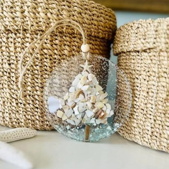 Opvise Coastal Christmas Ornament Hanging Sea Glass Pieces Light Catcher Beach Glass Suncatcher on Acrylic Circle for Window Tree Decor E