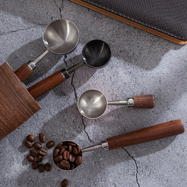 Opvise Coffee Measuring Spoon with Wooden Handle Food Grade BPA Free High Precious Coffee Tea Scoop Kitchen Accessory Black