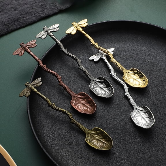 Opvise Coffee Spoon Heat Resistance Long Handle Comfortable Grip Rust-proof Non-slip Dragonfly Retro Style Dessert Scoop Kitchen Gadget Grey