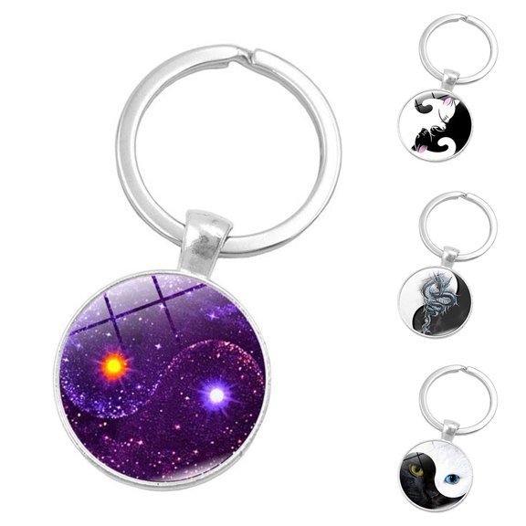 Opvise Creative Yin Yang Tai Chi Glass Cabochon Pendant Keychain Key Ring Holder Gift