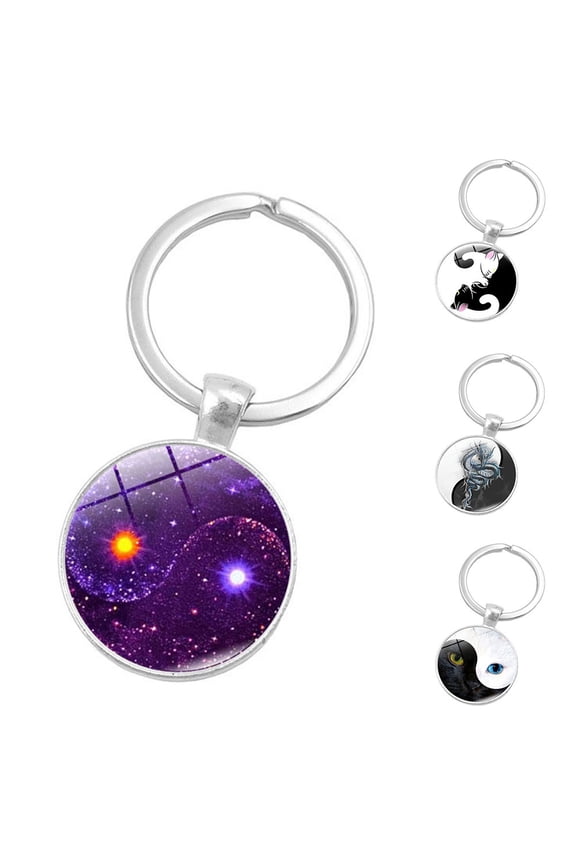 Creative Yin Yang Tai Chi Glass Cabochon Pendant Keychain Key Ring Holder Gift