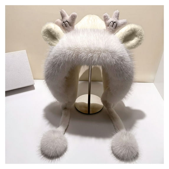 Opvise Cute Furry Trim Antler Ears Decor Winter Hat Thickened Plush Warm Ear Protection Woolen Hat Fashion Accessories Pink