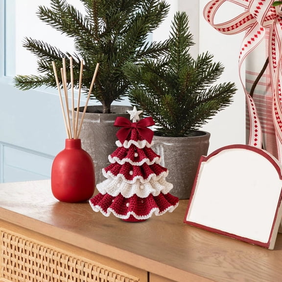 Opvise DIY Crochet Christmas Tree Kit Small Xmas Tree Craft Kit with Bow And Faux Pearl Handmade Holiday Decoration for Beginners
