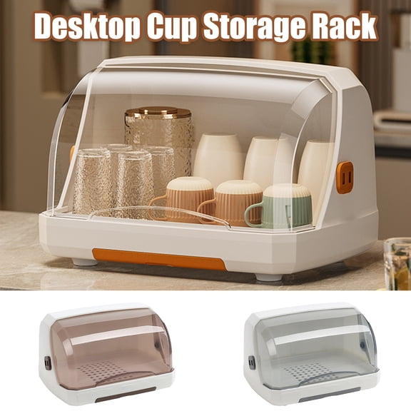 Opvise Desktop Cup Storage Box with Drainage Holes Lid Dustproof Fruits Dish Bowl Drying Rack Transparent Teacup Holder Multi-Functional Space Saver Organizer