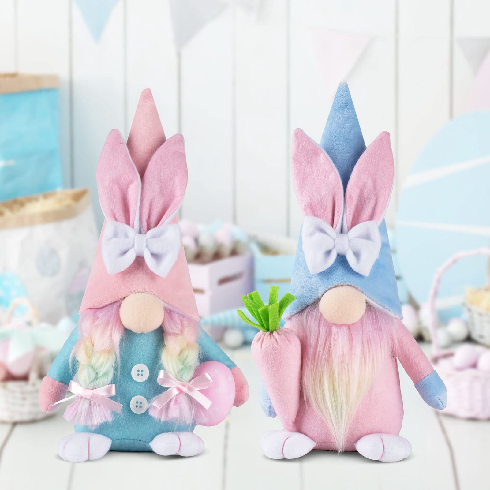 Opvise Easter Dwarf Bunny Doll Faceless Sweet Color Carrot Bow Decor Braided Hair Soft Elastic Fully Stuffed Kids Toy Party Decoration Plush Doll Women