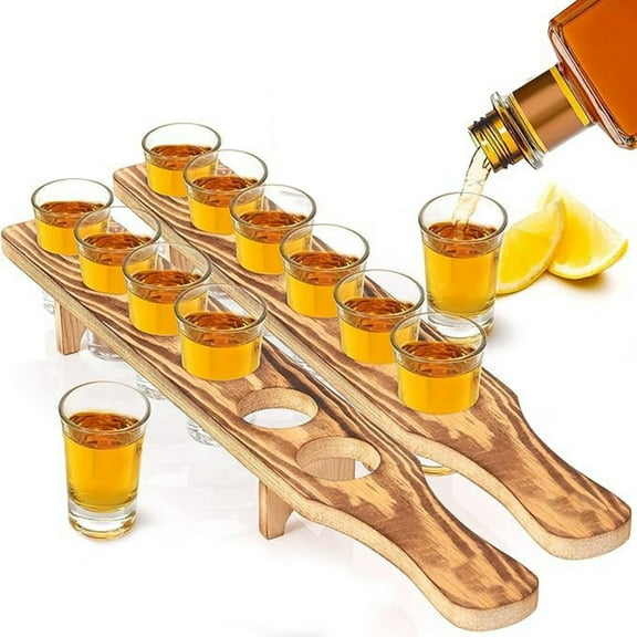 Opvise Elegant Wooden Wine Rack with 6 Lead-Free Shot Glasses - Durable Entertaining Set for Home Bar, Parties, and Gifts - Retro Style Tray for Whiskey, Tequila, Vodka, Espresso