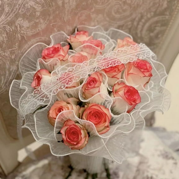 Opvise Exquisite Wave Yarn Cuttable Faux Pearls Crafts Material Polyester DIY Flower Bouquet Packaging Lace Mesh Wedding Supplies White