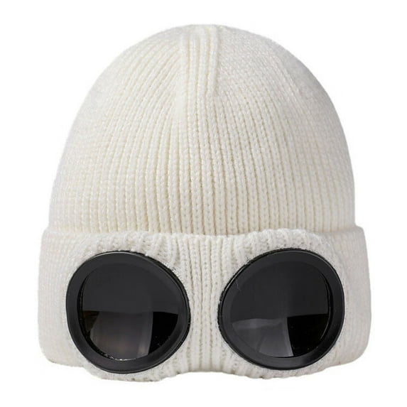 Opvise Fashion Glasses Knitted Hat Bomber Hat Solid Color Elastic Soft Warm Anti slip Regular Fit Ear Windproof Decorative Winter Beanie Headwear Beige