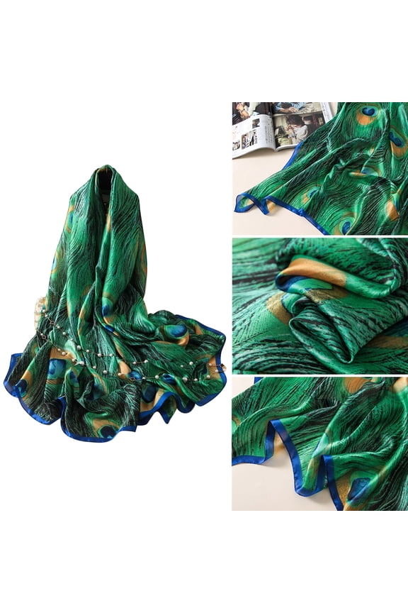 Fashion Peacock Feather Scarves Women Silk Cover Up Scarf Beach Travel Shawl