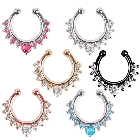 Opvise Fashion Women Rhinestone Inlaid Nose Ring Clip Hoop Piercing Body Jewelries