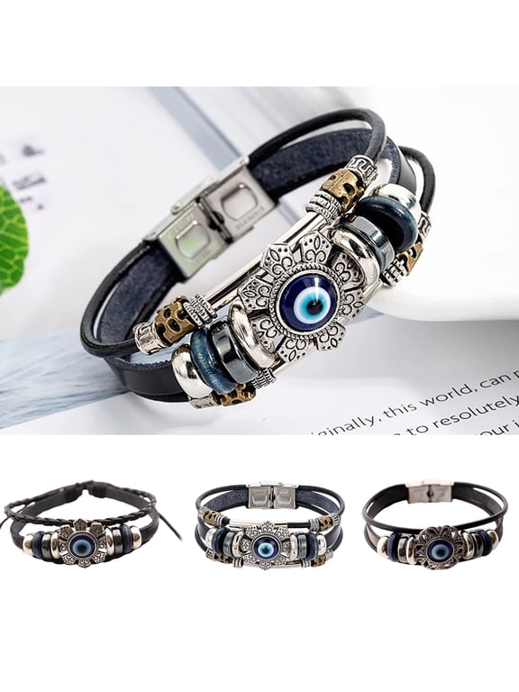 Faux Leather Bracelet Bohemian Multilayer Beads Vintage Geometric Decorative Gift Men Women Turkish Evil Eye Charm Bracelet Jewelry for Daily Life