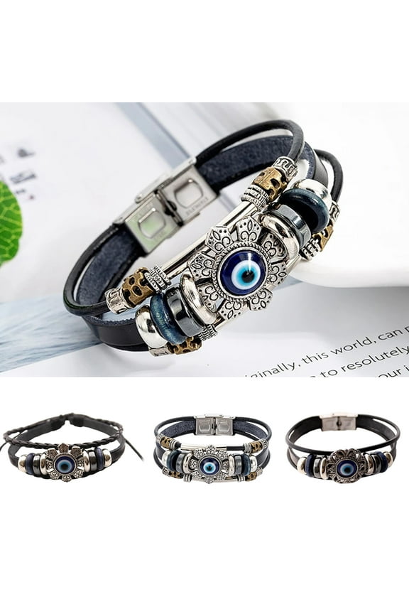 Faux Leather Bracelet Bohemian Multilayer Beads Vintage Geometric Decorative Gift Men Women Turkish Evil Eye Charm Bracelet Jewelry for Daily Life