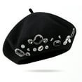 thumbnail image 1 of Opvise French Beret Thick Rhinestone Decor Solid Color Brimless Thermal Decorative Wool Artist French Style Painter Hat Women Fashion Headwear Black, 1 of 8
