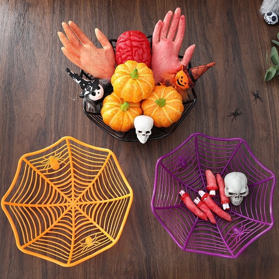 Opvise Fruit Basket Halloween Spider Web Shape Fruit Bowl Multi-purpose Exquisite Candy Basket Purple