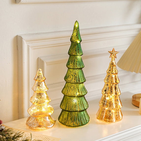 Opvise Glass LED Christmas Tree Lamp Lighted Tabletop Holiday Decoration Warm White Timer Battery Operated Multiple Sizes