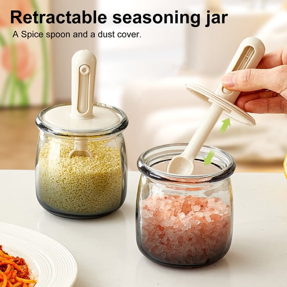 Opvise Glass Seasoning Jar with Retractable Spoon, Air-Tight Silicone Cover, Dishwasher Safe Spice Container for Kitchen, Travel, Camping, Pantry Organization