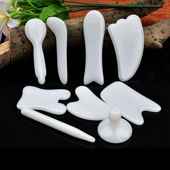 Opvise Guasha Supplies Multiple Shapes Promote Blood Circulation White Faux Jade Massage Board Tools for Skin 8