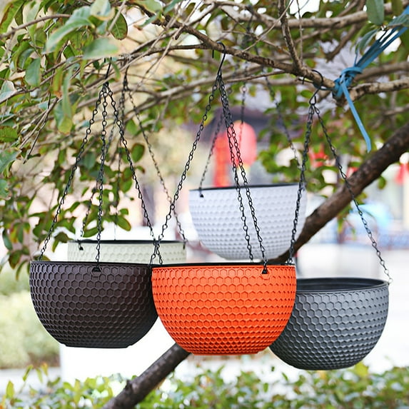Opvise Hanging Flower Basket Imitation Honeycomb Self Water Absorption Waterproof Outdoor Resin Plant Hanger for Garden White