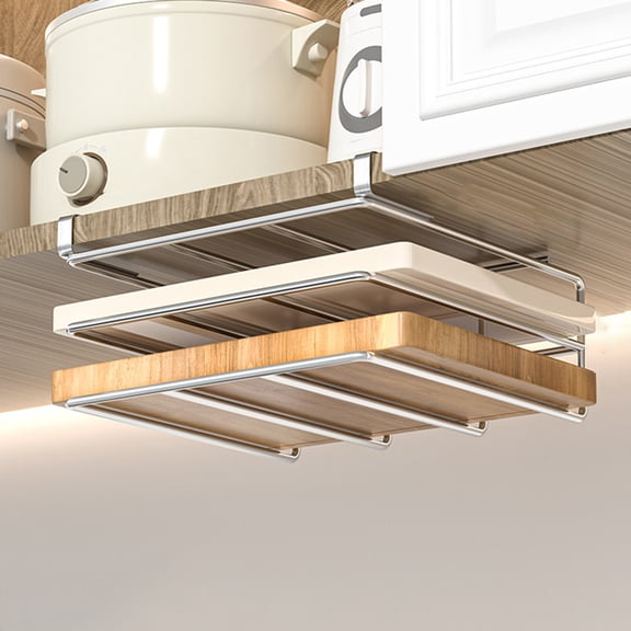 Opvise Heavy-Duty Stainless Steel Under Cabinet Storage Organizer - Cutting Board Rack for Kitchen, Space-Saving Pot Lid Holder, No Drill Installation, Durable Kitchen Shelf for Countertops