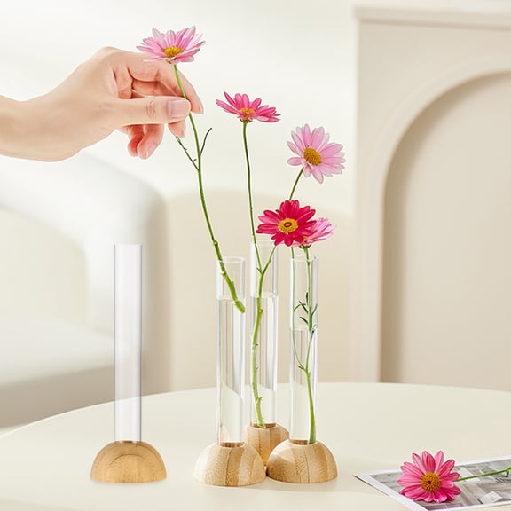 Opvise Hydroponic Plants Test Tube Vase Clear Flower Vase with Wooden Stand Table Centerpiece Plants Propagation Vase Home Office Desktop Decoration