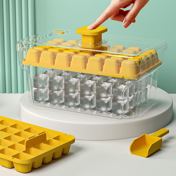 Opvise Ice Cube Mold with Lid Bin Ice Cube Trays for Freezer Top Button Design Reusable Mold with Ice Shovel for Whiskey Cocktail Coffee Kitchen Home Bar Essential
