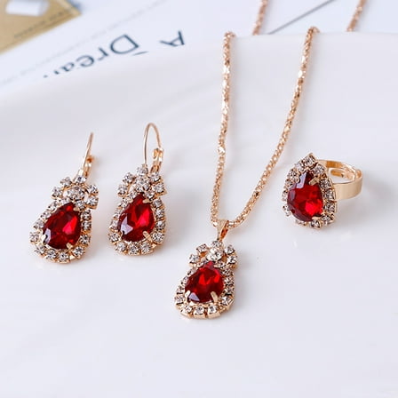 Opvise Jewelry Set Eye-catching Easy Matching Women Waterdrop Shiny Rhinestone Necklace Ring Earrings for Party