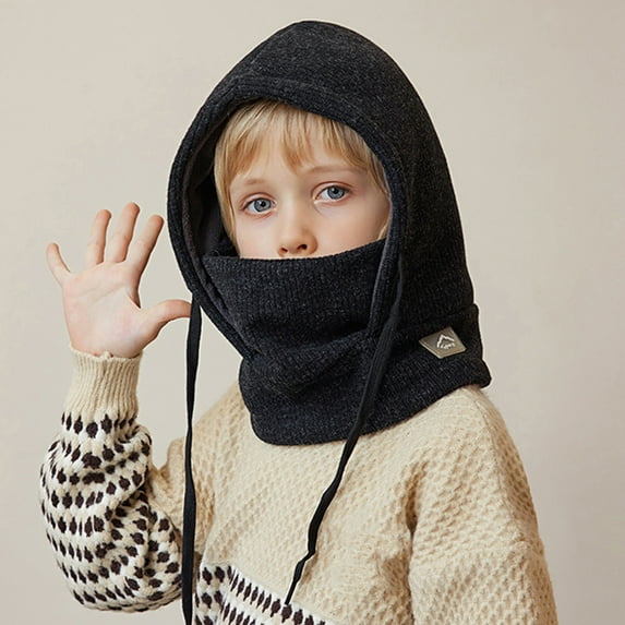 Opvise Kids Hat Scarf Set Solid Color Drawstring Winter Warm Headgear Thickened Velvet Lining Soft Hat Scarf Winter Accessories Beige