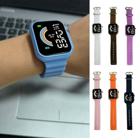 Opvise LED Electronic Watch Square Rainbow Dial Solid Color Soft Anti-slip Strap Adjustable s Casual Sports Digital Wristwatch Birthday Gift