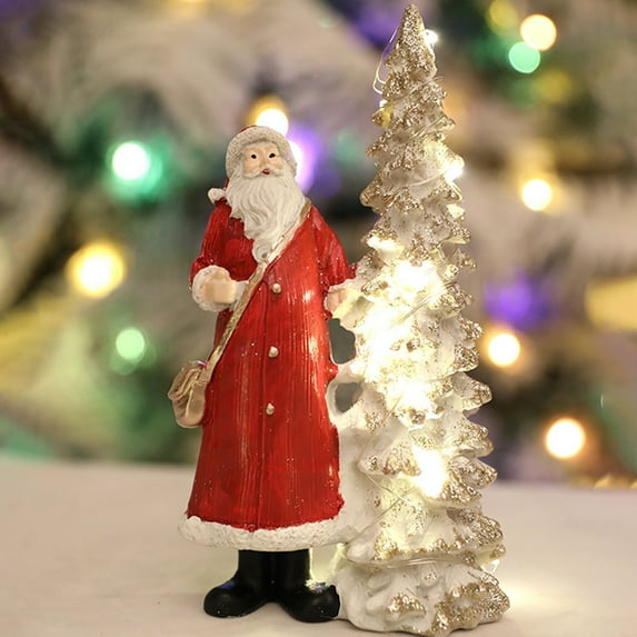 Opvise LED Light Up Christmas Tree with Santa Resin Standing Santa Claus Figure with Lighted Tree Figurine for Indoor Tabletop Holiday Decoration