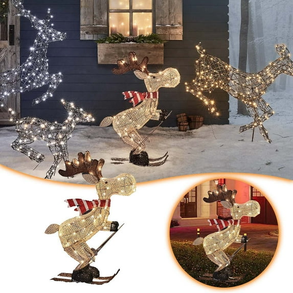 Opvise Lighted Reindeer Ornaments Glowing Ski Deer Statue with LED Lights String 3D Standing Reindeer Figurines for Christmas Decoration Indoor Outdoor Display
