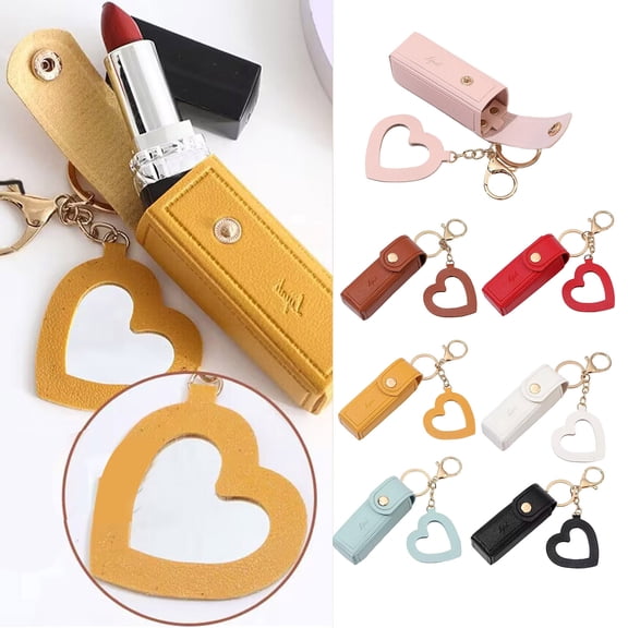 Opvise Lipstick Bag Keychain Lobster Clip Stainless Faux Leather Mini Lipstick Container with Heart Pendant Changs Purse Key Organizer Key Holder