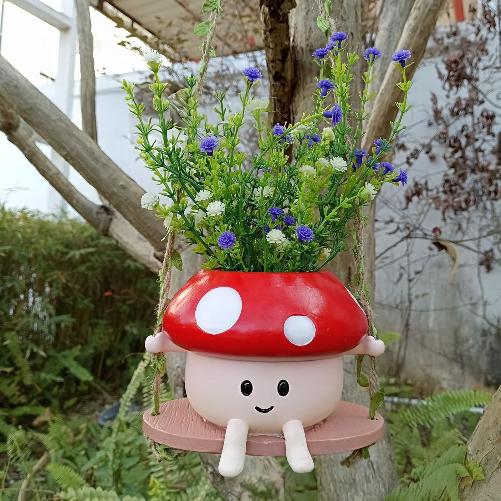 Opvise Low-Maintenance Cartoon Face Mushroom Swing Hanging Planter Pot with Wooden Holder, Lightweight Resin Ceramic Flower Pot for Indoor Outdoor Plants, Decorative Garden Decor