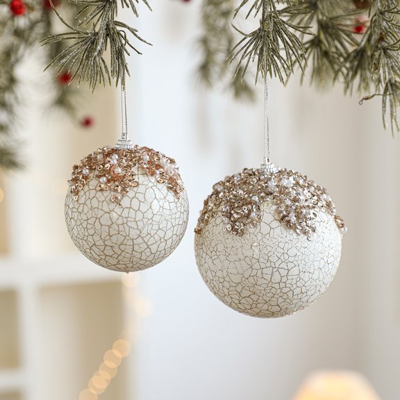 Opvise Luxury Pearl Sequin Crack Design Christmas Ball Ornament Foam Decorative Tree Ornament 8cm 10cm
