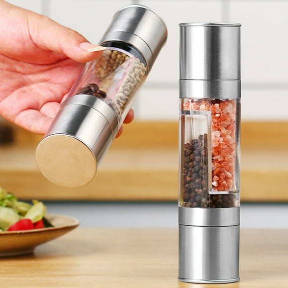Opvise Manual Spice Grinder Stainless Steel Adjustable Ceramic Core Clear Visible Handheld Salt Pepper Grinding Tool Condiment Bottle Kitchen Gadgets Silver