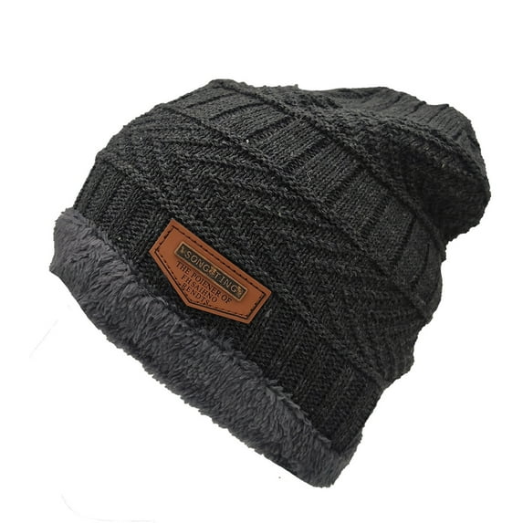 Opvise Men Fashion Winter Hat Knitted Unisex Fleece Thickened Soft Keep Warm Cold-proof Plush Solid Color Men Beanie for Daily Wear Navy Blue