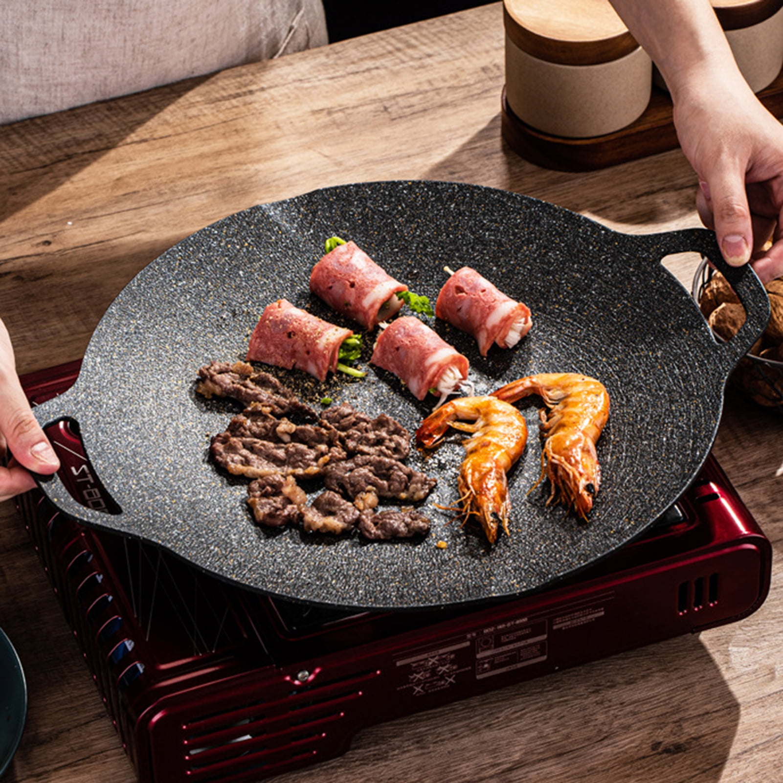 Opvise Multi-Functional Cast Iron Grill Pan with Detachable Legs, Large Round Baking Tray for BBQ, Camping, Oven, Stovetop, Even Heat Distribution, Gift for Cooking Enthusiasts