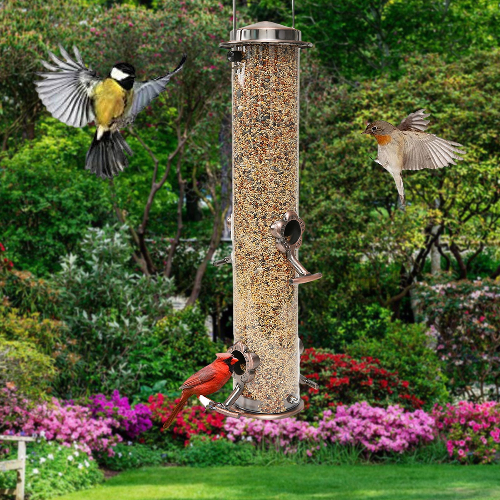 Opvise Outdoor Hanging Metal Bird Feeder Four Ports Large Capacity Clear Visible Weather-proof Waterproof Yard Garden Bird Feeding Device transparent