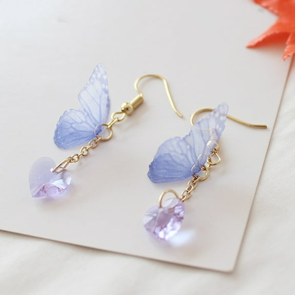 Opvise Party Elegant Women Butterfly Heart Long Dangle Hook Earrings Jewelry Gift Purple