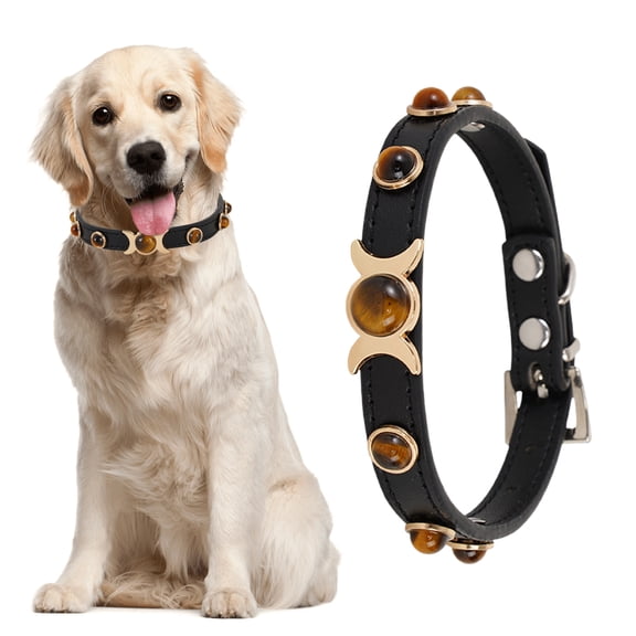 Opvise Pet Collar with Traction Ring Adjustable Anti-suffocation Bite-resistant Anti-break Tiger Eye Stone Dog Collar Daily Collocation Black