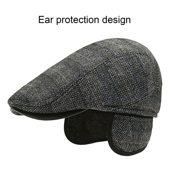 Opvise Plaid Print Earflap Thickened Fleece Lining Short Brim Beret Hat Winter Flat Peaked Mid-aged Men Fashion Painter Forward Hat Grey