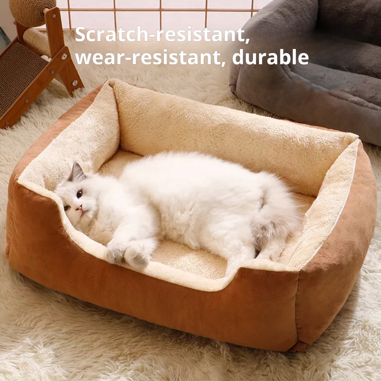 Opvise Plush Pet Nest Orthopedic Dog Sofa Bed for Small Medium Dogs Soft Cat Couch Washable Cat/Puppy Sleeping Bed Light Coffee