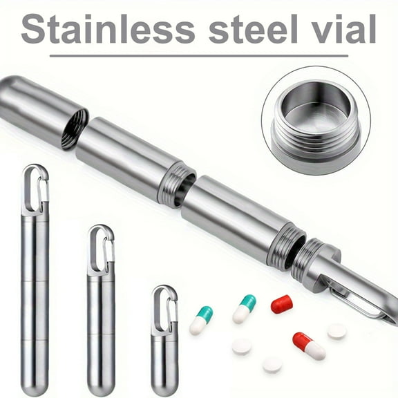 Opvise Portable Pill Box Keychain Small Waterproof Stainless Steel Pill Bottle Holder Organizer Medicine Container for Travel Outdoor Sports Men Women Pill Vitamin Fish Oil