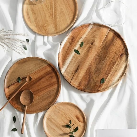 Opvise Premium Acacia Wood Round Serving Tray with Raised Edge - Multi-Purpose Decorative Tray for Coffee Table, Snacks, Candles, Home Office Farmhouse Decor (S & L Sizes)