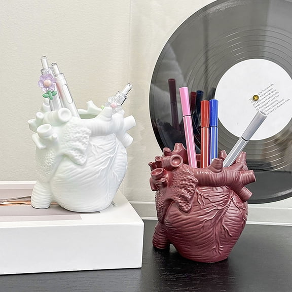 Opvise Realistic Heart-Shaped Pen Holder - Food-Grade Rubber, Large Capacity Desk Organizer with Medical Artistry Design, Anti-Fall Durable Storage for Office, Study, Clinic Decor (Red/White)