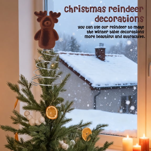 Opvise Reindeer Tree Topper Plush with Metal Spring Support 23.5cm Secure Fit Brown Plush Antlers Holiday Tree Topper