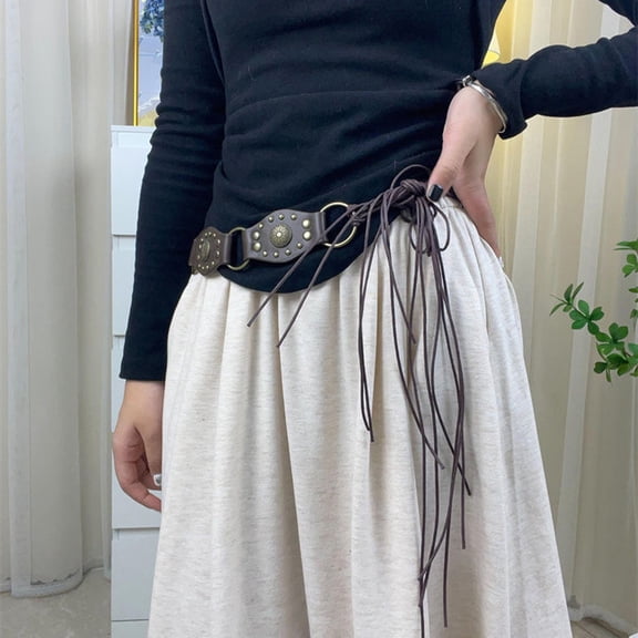 Opvise Retro Style Women Belt Exaggerated Rhombus Metal Buckle Faux Leather Wide Eyelet Belt Pants Accessories Dark Coffee