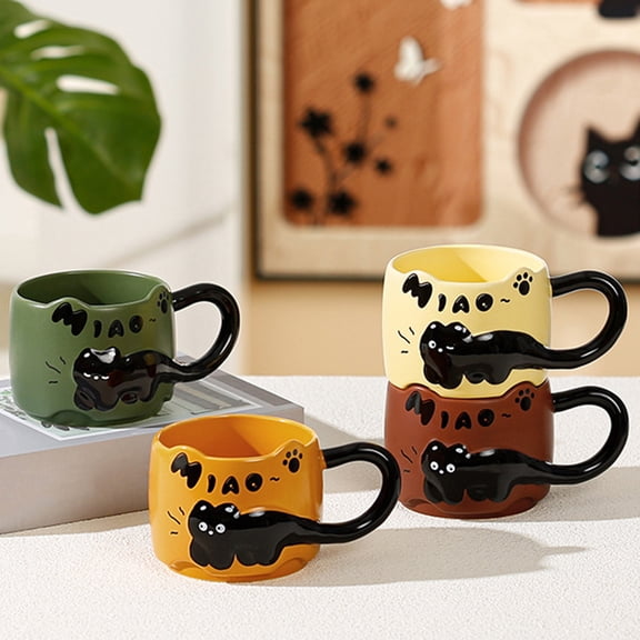 Opvise Stackable Cat-Themed Ceramic Coffee Mug Set - 380ml Ergonomic Handle, Space-Saving Design, 4 Unique Styles, Ideal Gift for Cat Lovers (Home/Office Use)