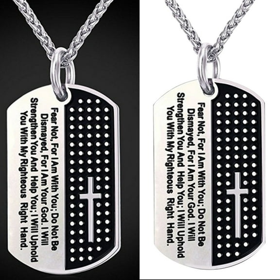 Opvise Stainless Steel Dog Tag Cross Bible Verse Pendant Men Necklace Christian Jewelry
